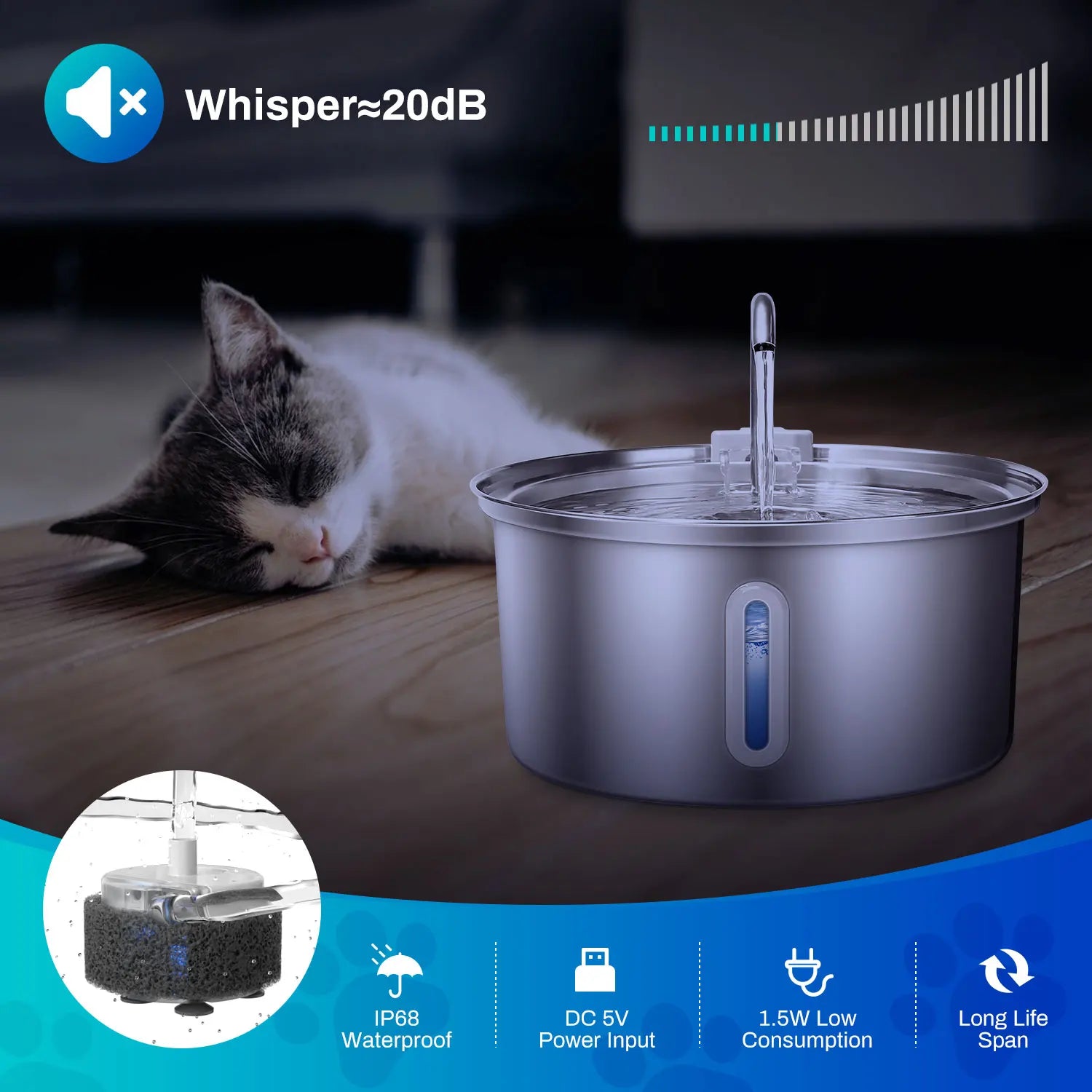 Fuente de Agua para Gatos de Acero Inoxidable 3.2L